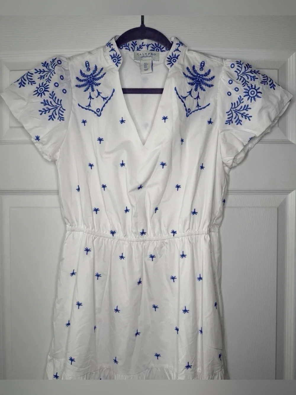 CALYPSO ST BARTH  BLUE AND WHITE EMBROIDERY V-NECK MAXI DRESS M NWT - Picture 11 of 15